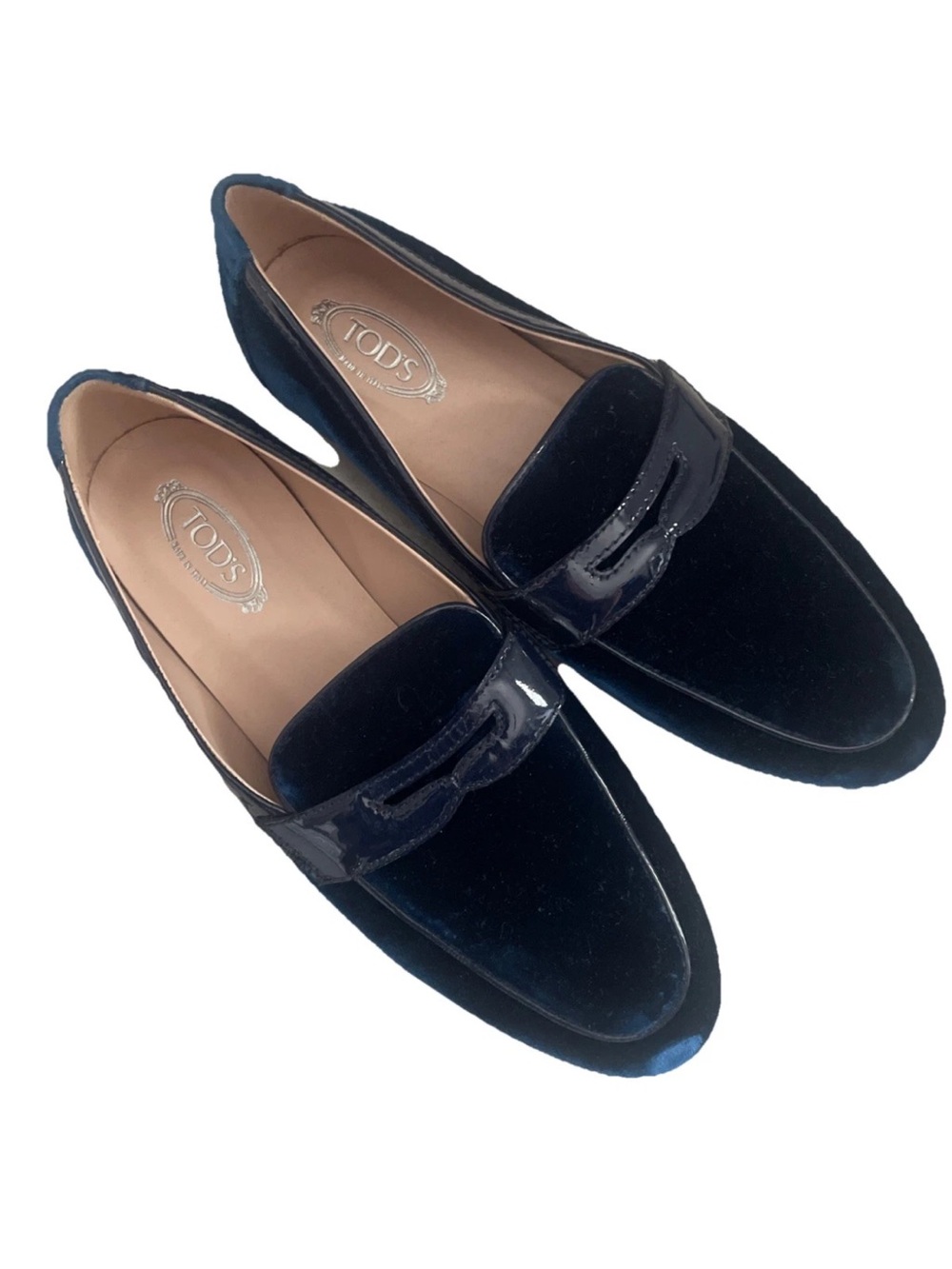 Womens Tod's Navy velvet Flat Penny Loafers Shoes 36 womens 6 great condition